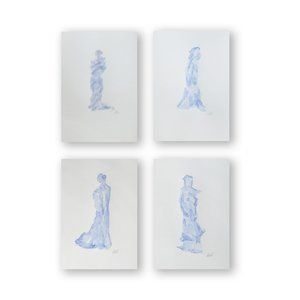 Original Set of 4 Watercolors of Asian Geishas by Gabriel